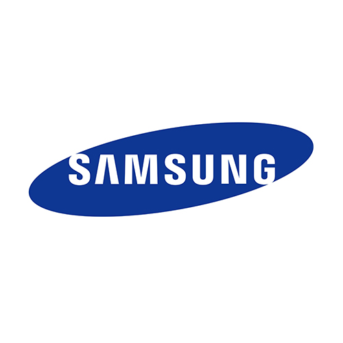 Samsung-logotyp med vit text i versaler inuti en blå ellips.